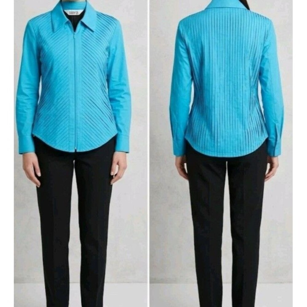 Stera Zip Jacket M Pleated Detailing Blue 100% Cotton